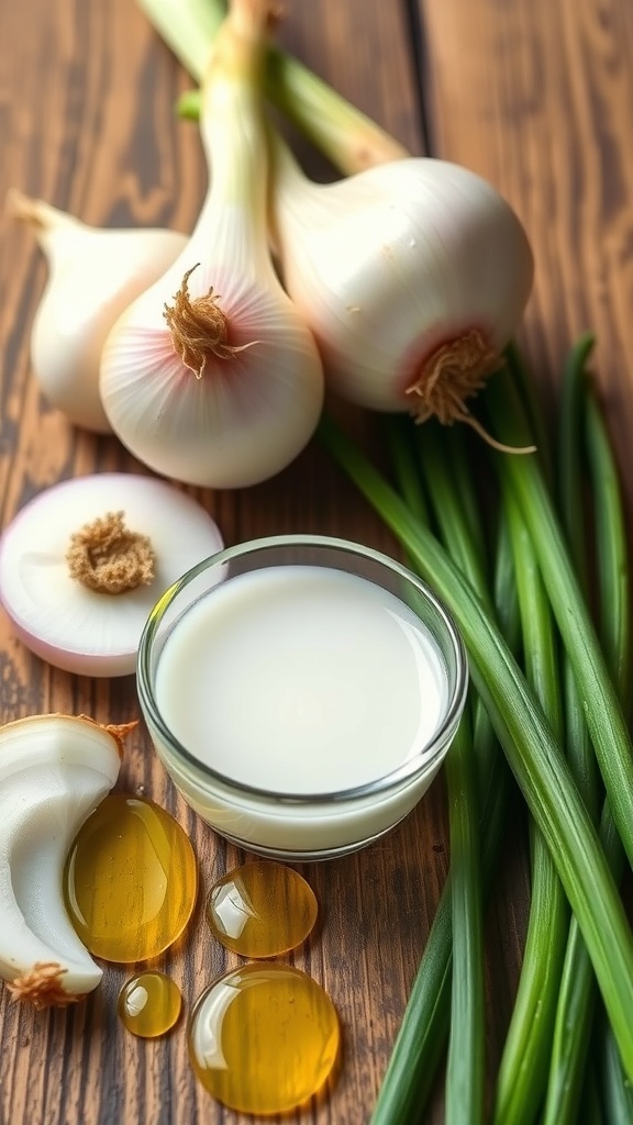 Onion Hair Mask for Healthy Hair Growth Fresh onions and a bowl of onion juice for hair care.